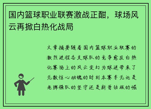 国内篮球职业联赛激战正酣，球场风云再掀白热化战局