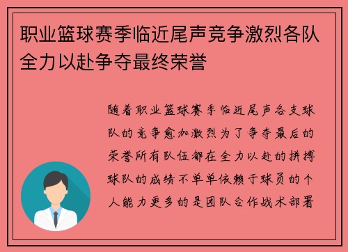 职业篮球赛季临近尾声竞争激烈各队全力以赴争夺最终荣誉